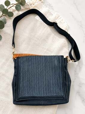 Free People Woven Flap Messenger Crossbody Bag Black Boho Vegan Leather Purse